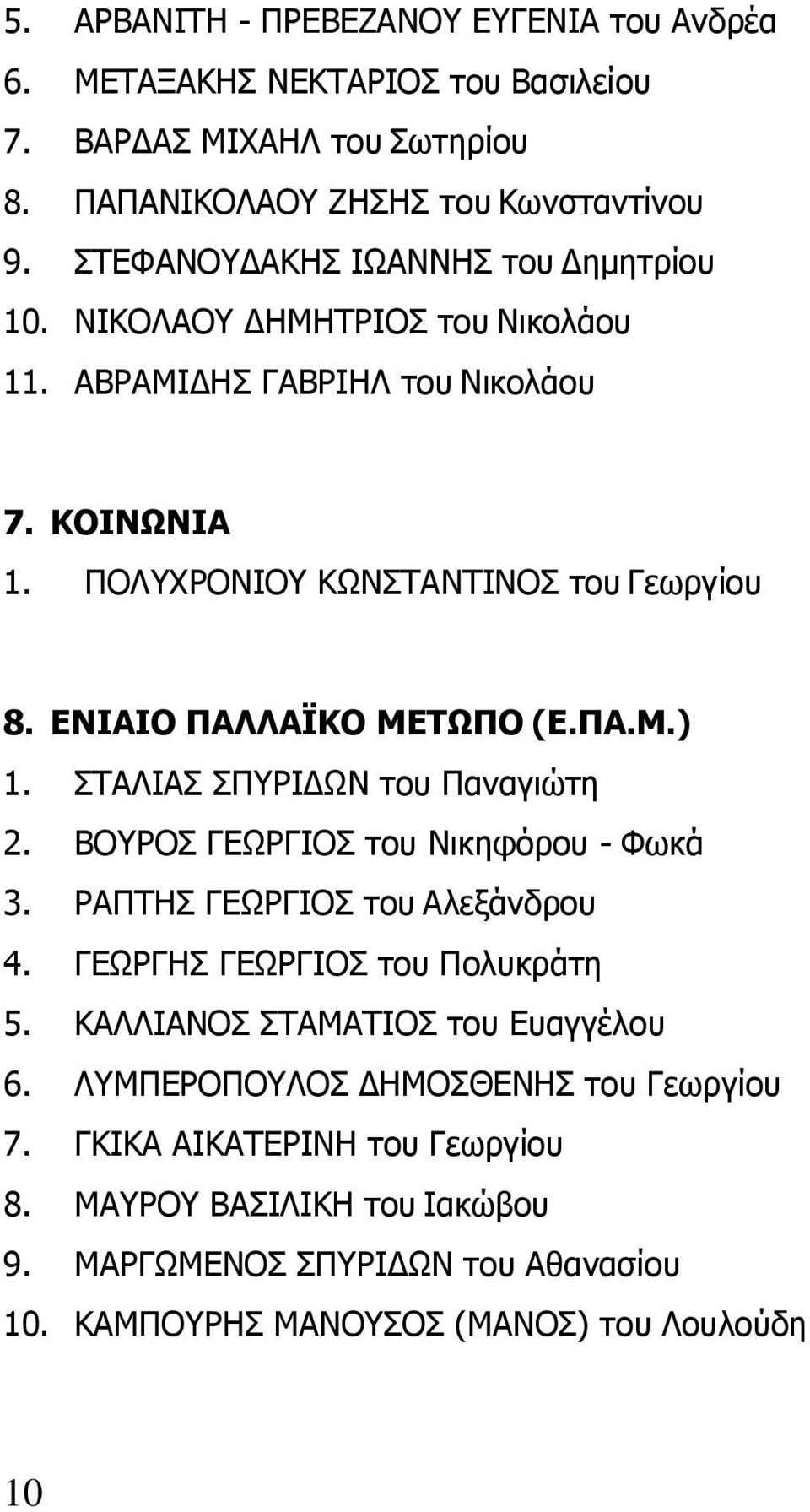 ΕΝΙΑΙΟ ΠΑΛΛΑΪΚΟ ΜΕΤΩΠΟ (Ε.ΠΑ.Μ.) 1. ΣΤΑΛΙΑΣ ΣΠΥΡΙΔΩΝ του Παναγιώτη 2. ΒΟΥΡΟΣ ΓΕΩΡΓΙΟΣ του Νικηφόρου - Φωκά 3. ΡΑΠΤΗΣ ΓΕΩΡΓΙΟΣ του Αλεξάνδρου 4. ΓΕΩΡΓΗΣ ΓΕΩΡΓΙΟΣ του Πολυκράτη 5.