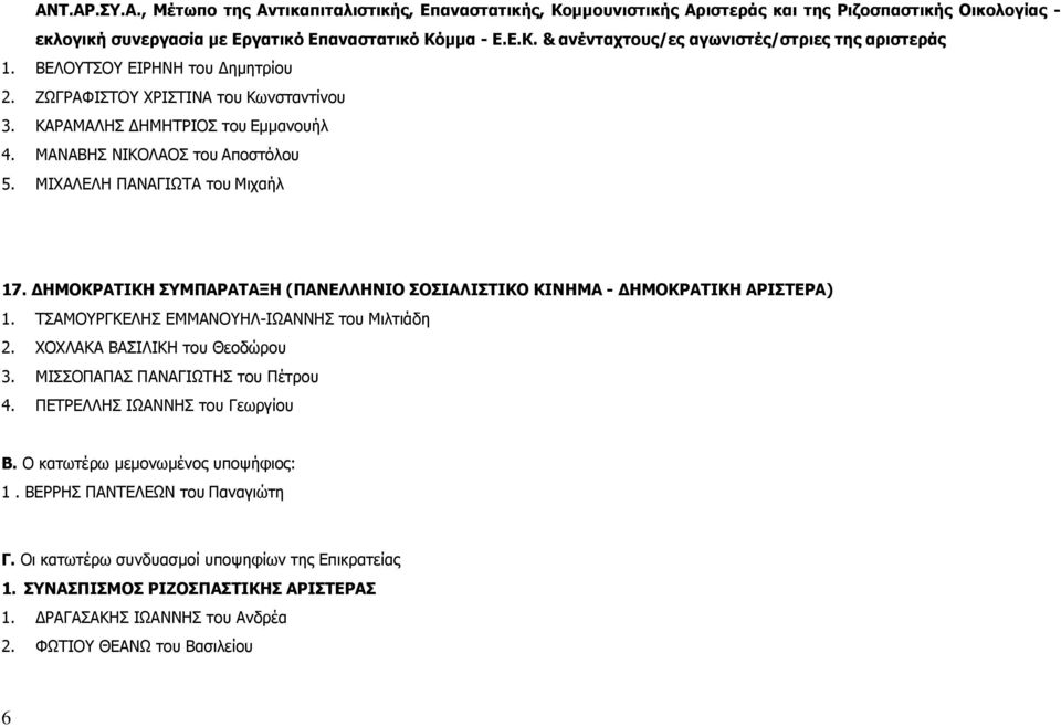 ΔΗΜΟΚΡΑΤΙΚΗ ΣΥΜΠΑΡΑΤΑΞΗ (ΠΑΝΕΛΛΗΝΙΟ ΣΟΣΙΑΛΙΣΤΙΚΟ ΚΙΝΗΜΑ - ΔΗΜΟΚΡΑΤΙΚΗ ΑΡΙΣΤΕΡΑ) 1. ΤΣΑΜΟΥΡΓΚΕΛΗΣ ΕΜΜΑΝΟΥΗΛ-ΙΩΑΝΝΗΣ του Μιλτιάδη 2. ΧΟΧΛΑΚΑ ΒΑΣΙΛΙΚΗ του Θεοδώρου 3. ΜΙΣΣΟΠΑΠΑΣ ΠΑΝΑΓΙΩΤΗΣ του Πέτρου 4.