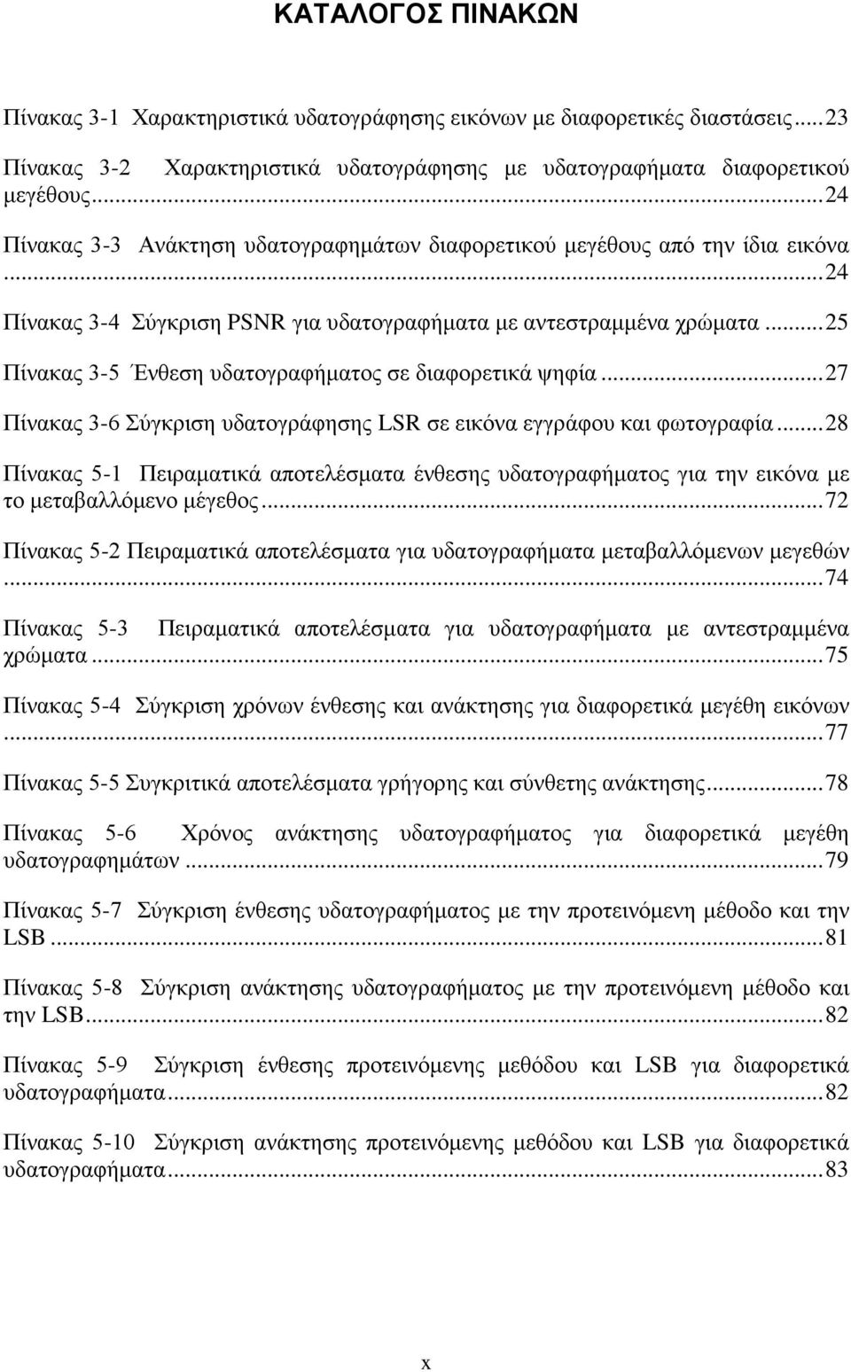 .. 25 Πίνακας 3-5 Ένθεση υδατογραφήματος σε διαφορετικά ψηφία... 27 Πίνακας 3-6 Σύγκριση υδατογράφησης LSR σε εικόνα εγγράφου και φωτογραφία.