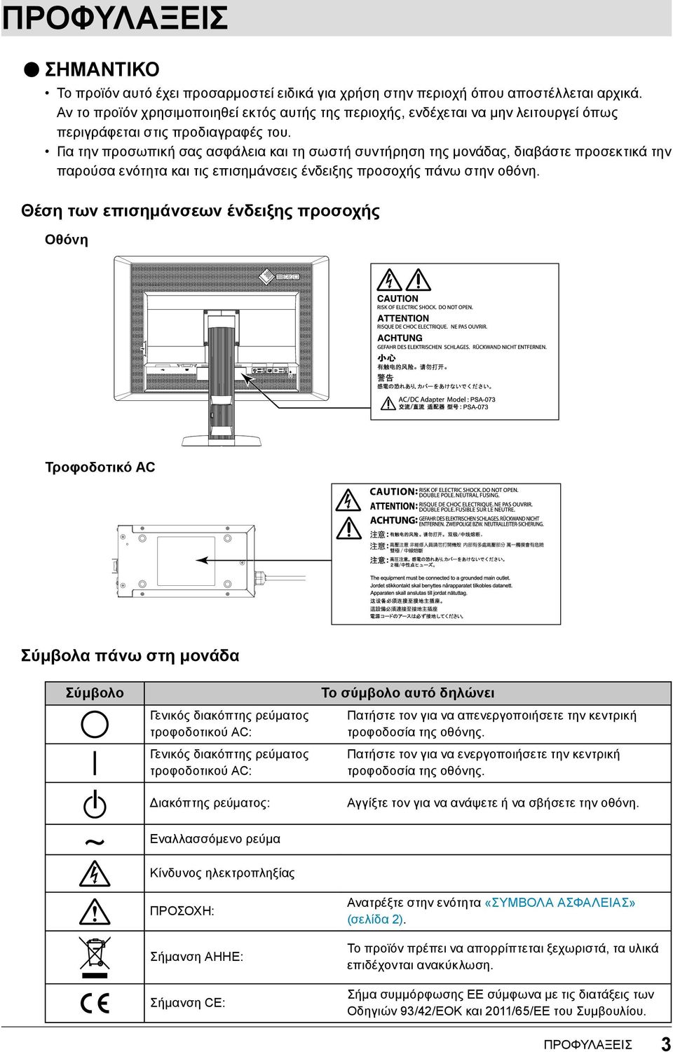 Για την προσωπική σας ασφάλεια και τη σωστή συντήρηση της μονάδας, διαβάστε προσεκτικά την παρούσα ενότητα και τις επισημάνσεις ένδειξης προσοχής πάνω στην οθόνη.