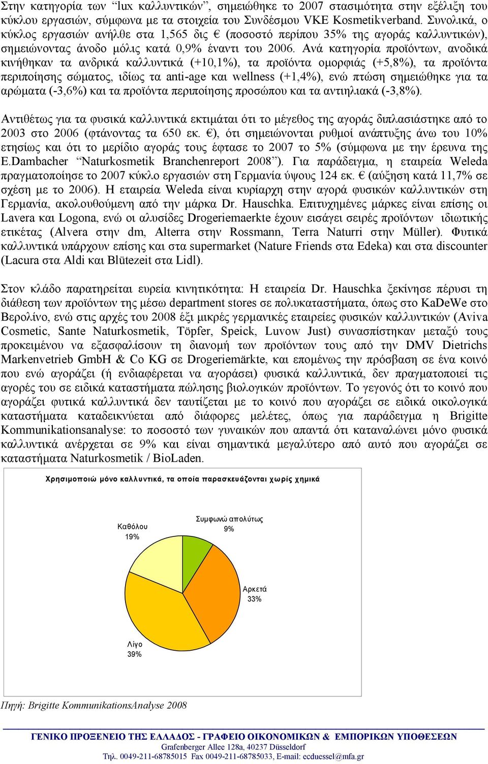 Ανά κατηγορία προϊόντων, ανοδικά κινήθηκαν τα ανδρικά καλλυντικά (+10,1%), τα προϊόντα ομορφιάς (+5,8%), τα προϊόντα περιποίησης σώματος, ιδίως τα anti-age και wellness (+1,4%), ενώ πτώση σημειώθηκε