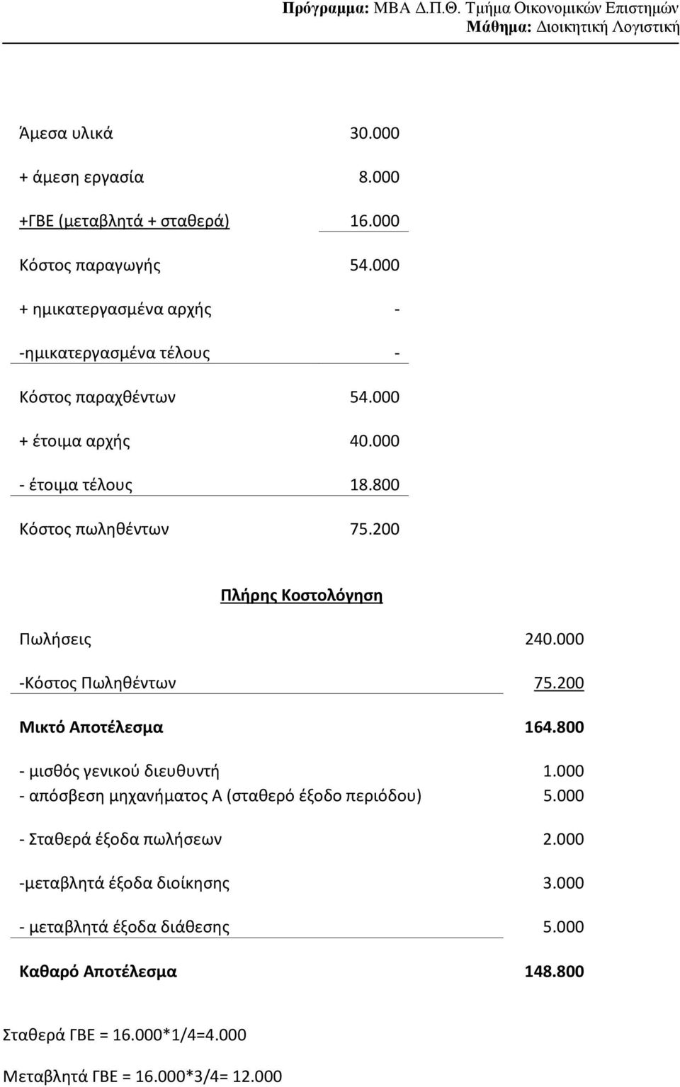 200 Πωλήσεις 240.000 -Κόστος Πωληθέντων 75.200 Μικτό Αποτέλεσμα 164.800 - μισθός γενικού διευθυντή 1.