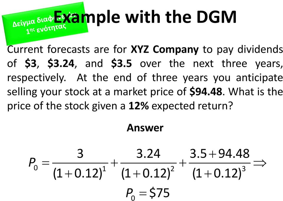 At the end of three years you anticipate selling your stock at a market price of $94.48.