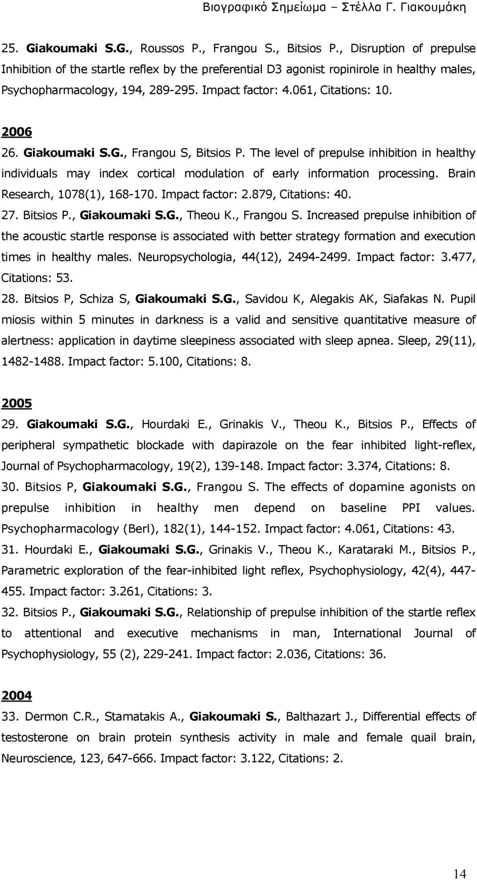 Giakoumaki S.G., Frangou S, Bitsios P. The level of prepulse inhibition in healthy individuals may index cortical modulation of early information processing. Brain Research, 1078(1), 168-170.