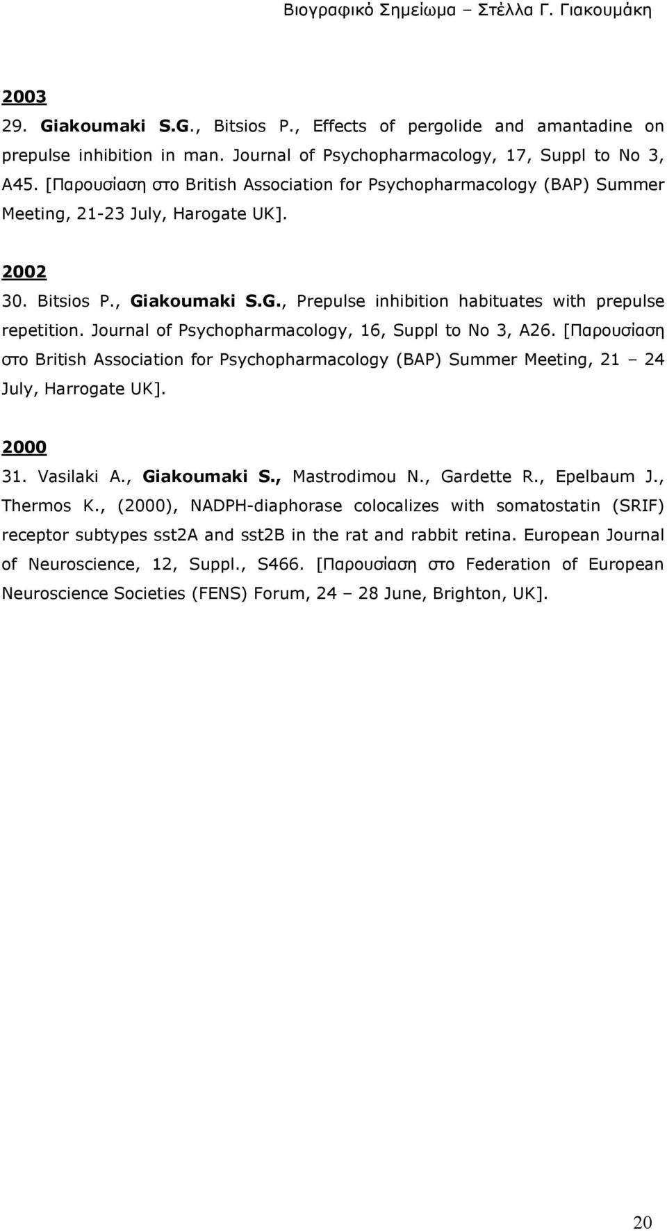 Journal of Psychopharmacology, 16, Suppl to No 3, A26. [Παρουσίαση στο British Association for Psychopharmacology (BAP) Summer Meeting, 21 24 July, Harrogate UK]. 2000 31. Vasilaki A., Giakoumaki S.