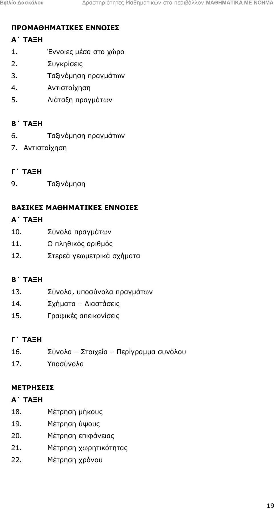 Στερεά γεωμετρικά σχήματα Β ΤΑΞΗ 13. Σύνολα, υποσύνολα πραγμάτων 14. Σχήματα Διαστάσεις 15. Γραφικές απεικονίσεις Γ ΤΑΞΗ 16.