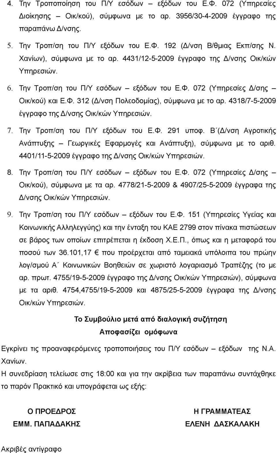 4318/7-5-2009 έγγραφο της Δ/νσης Οικ/κών Υπηρεσιών. 7. Την Τροπ/ση του Π/Υ εξόδων του Ε.Φ. 291 υποφ. Β (Δ/νση Αγροτικής Ανάπτυξης Γεωργικές Εφαρμογές και Ανάπτυξη), σύμφωνα με το αριθ.