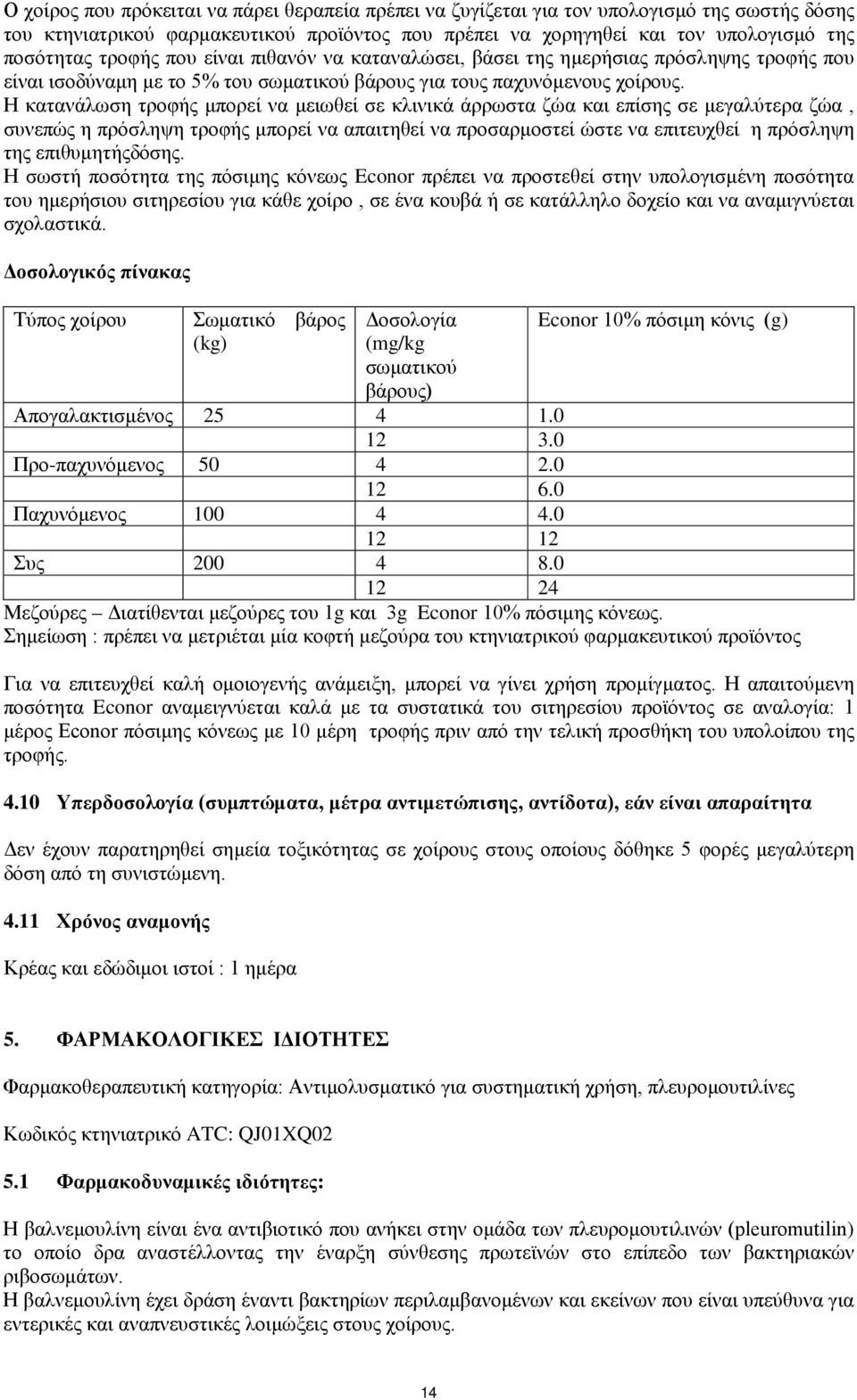 Η κατανάλωση τροφής μπορεί να μειωθεί σε κλινικά άρρωστα ζώα και επίσης σε μεγαλύτερα ζώα, συνεπώς η πρόσληψη τροφής μπορεί να απαιτηθεί να προσαρμοστεί ώστε να επιτευχθεί η πρόσληψη της