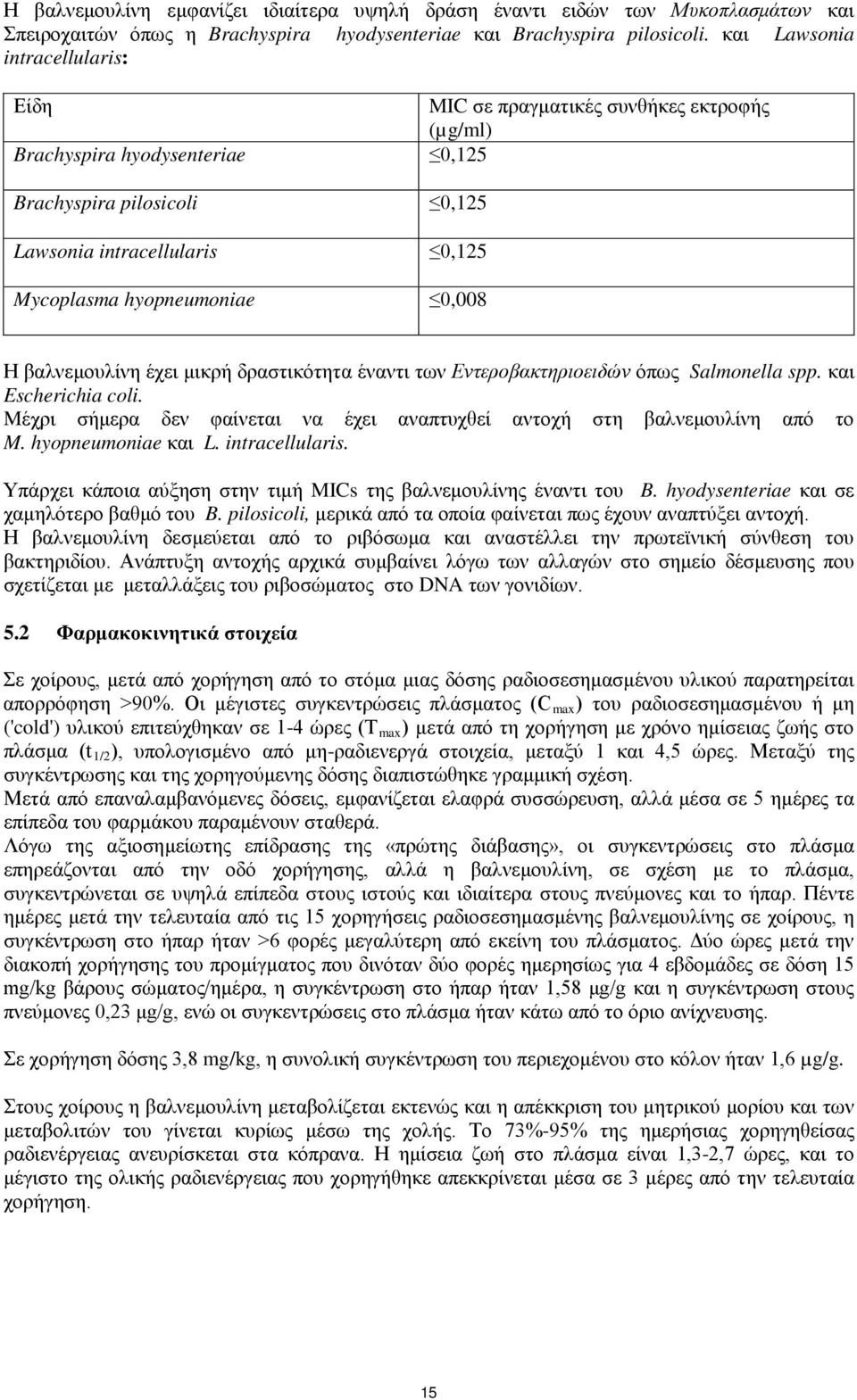 0,008 Η βαλνεμουλίνη έχει μικρή δραστικότητα έναντι των Εντεροβακτηριοειδών όπως Salmonella spp. και Escherichia coli. Mέχρι σήμερα δεν φαίνεται να έχει αναπτυχθεί αντοχή στη βαλνεμουλίνη από το M.