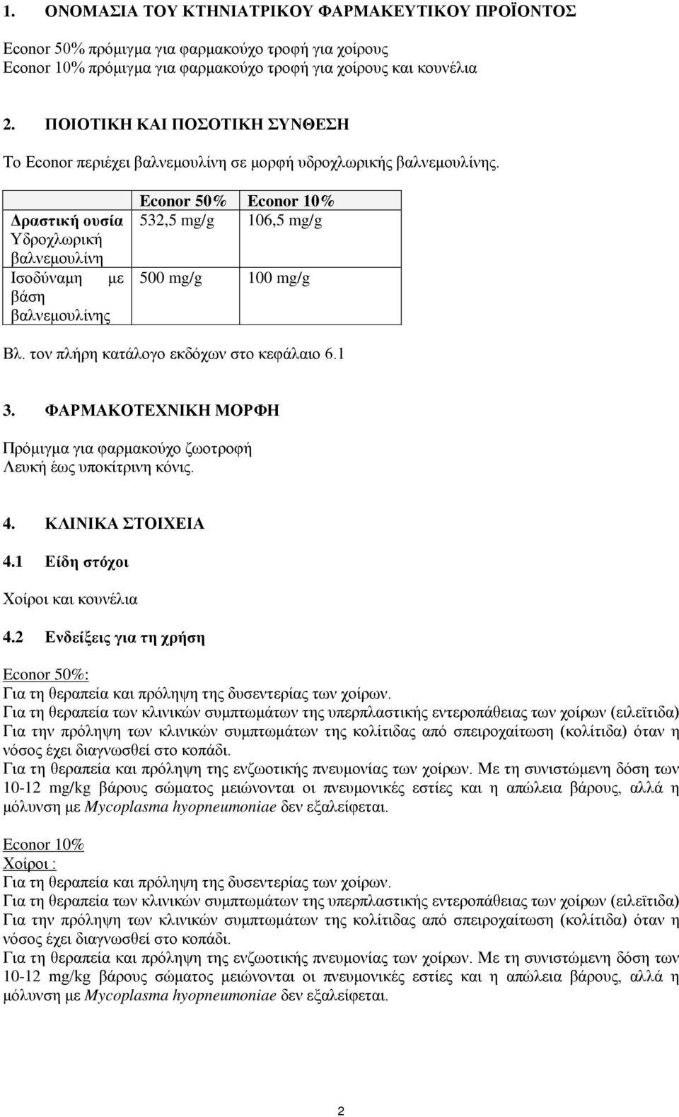 Δραστική ουσία Υδροχλωρική βαλνεμουλίνη Ισοδύναμη με βάση βαλνεμουλίνης Econor 50% Econor 10% 532,5 mg/g 106,5 mg/g 500 mg/g 100 mg/g Βλ. τον πλήρη κατάλογο εκδόχων στο κεφάλαιο 6.1 3.