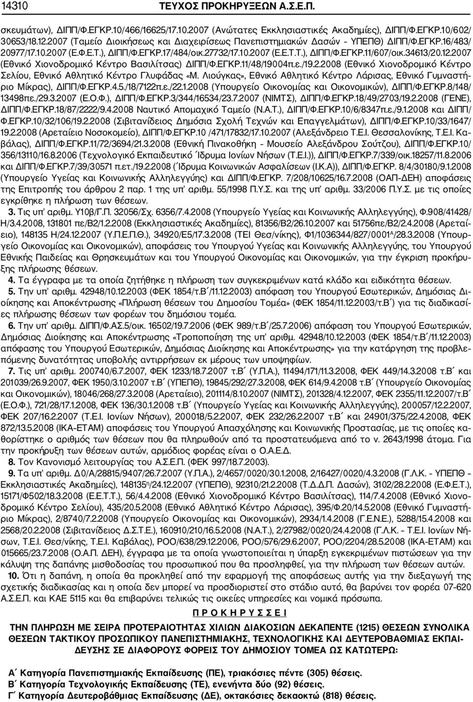 34613/20.12.2007 (Εθνικό Χιονοδρομικό Κέντρο Βασιλίτσας) ΔΙΠΠ/Φ.ΕΓΚΡ.11/48/19004π.ε./19.2.2008 (Εθνικό Χιονοδρομικό Κέντρο Σελίου, Εθνικό Αθλητικό Κέντρο Γλυφάδας «Μ.