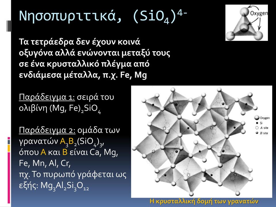 Fe, Mg Παράδειγμα 1: σειρά του ολιβίνη (Mg, Fe) 2 SiO 4 Παράδειγμα 2: ομάδα των γρανατών A 3 B