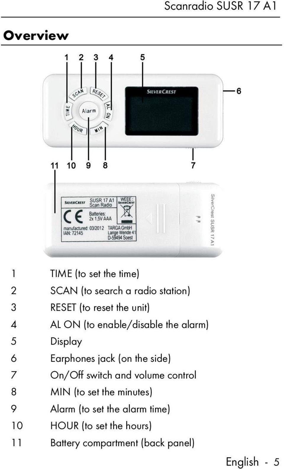 the side) 7 On/Off switch and volume control 8 MIN (to set the minutes) 9 Alarm (to