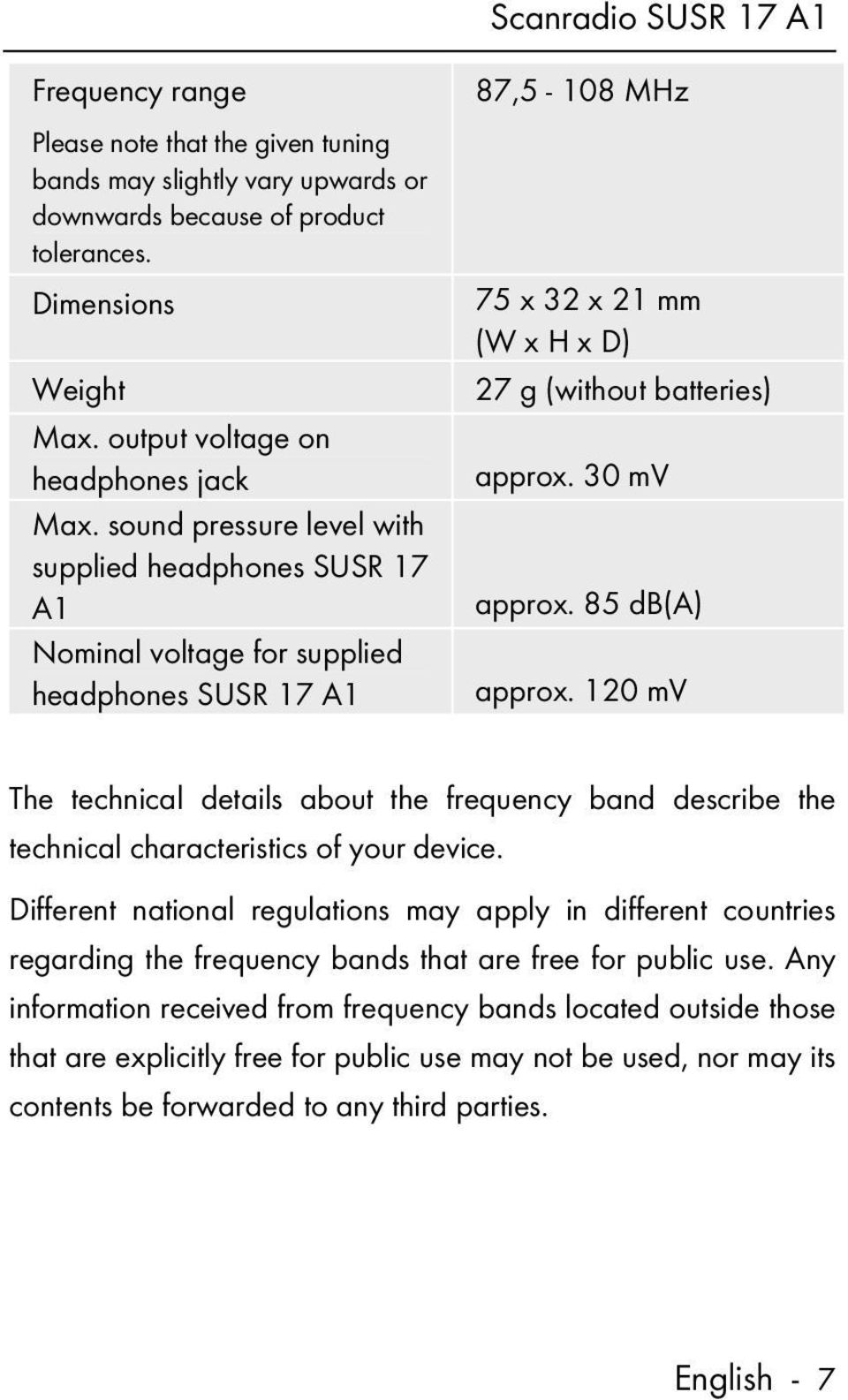 85 db(a) approx. 120 mv The technical details about the frequency band describe the technical characteristics of your device.