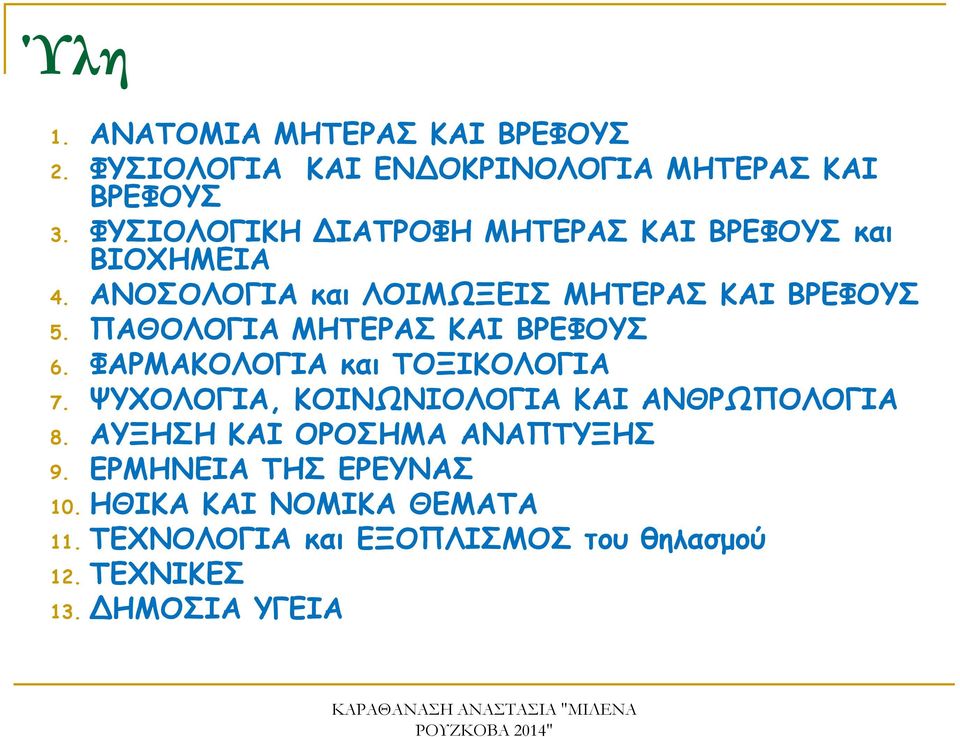 ΠΑΘΟΛΟΓΙΑ ΜΗΤΕΡΑΣ ΚΑΙ ΒΡΕΦΟΥΣ 6. ΦΑΡΜΑΚΟΛΟΓΙΑ και ΤΟΞΙΚΟΛΟΓΙΑ 7. ΨΥΧΟΛΟΓΙΑ, ΚΟΙΝΩΝΙΟΛΟΓΙΑ ΚΑΙ ΑΝΘΡΩΠΟΛΟΓΙΑ 8.