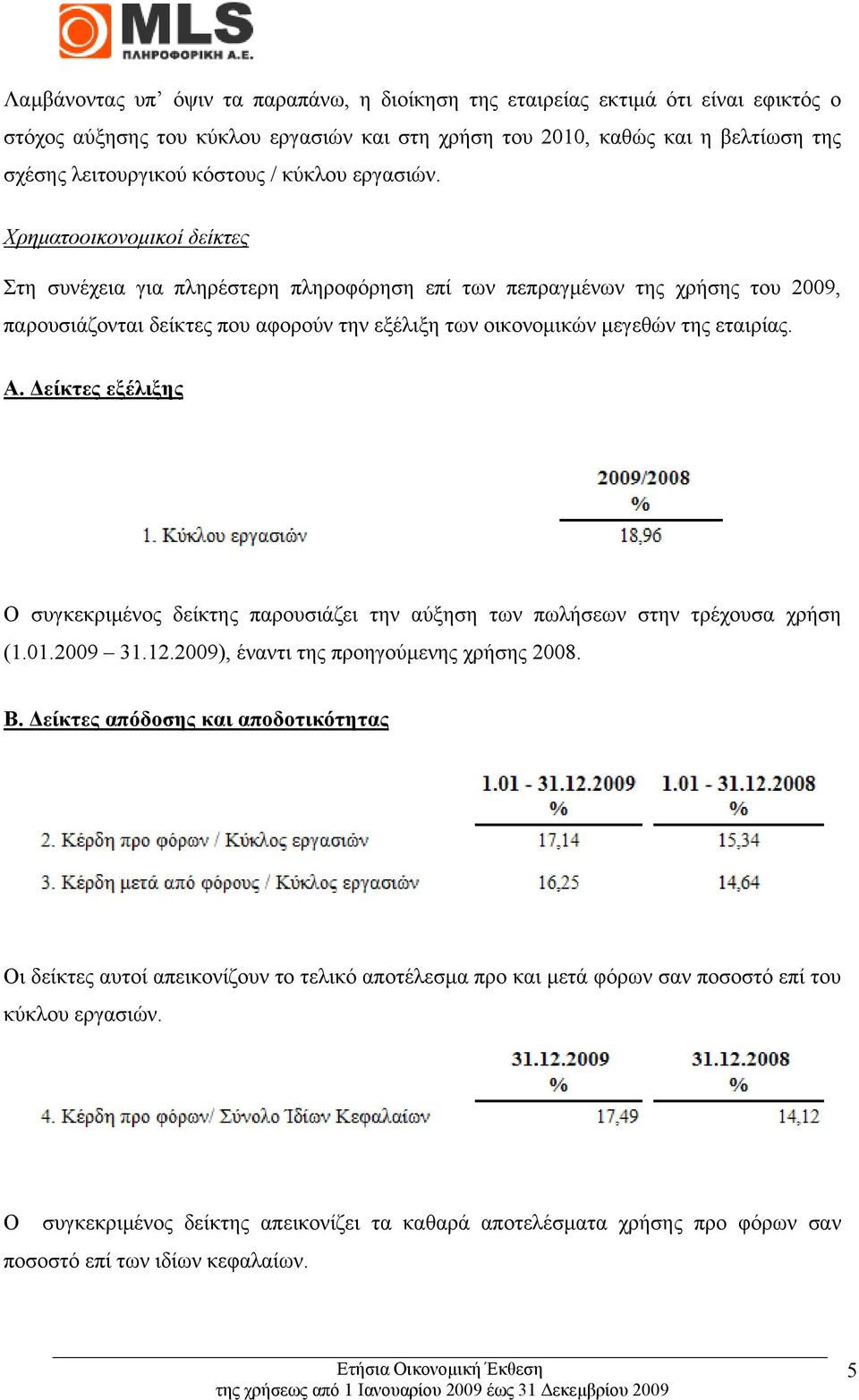 Χρηµατοοικονοµικοί δείκτες Στη συνέχεια για πληρέστερη πληροφόρηση επί των πεπραγµένων της χρήσης του 2009, παρουσιάζονται δείκτες που αφορούν την εξέλιξη των οικονοµικών µεγεθών της εταιρίας. Α.