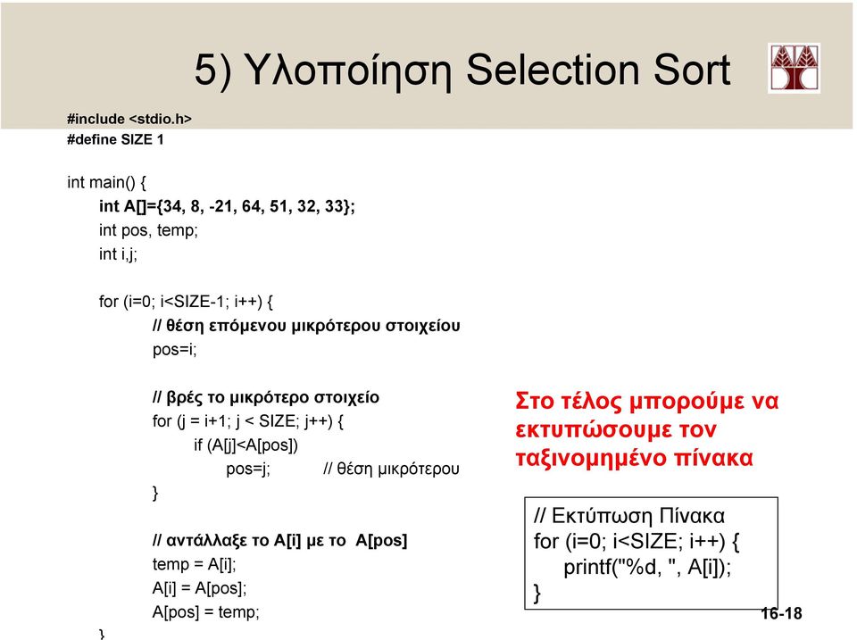 επόµενου µικρότερου στοιχείου pos=i; // βρές το µικρότερο στοιχείο for (j = i+1; j < SIZE; j++) { if (A[j]<A[pos]) pos=j; // θέση
