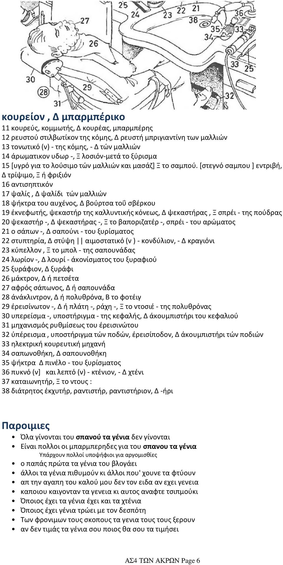 [στεγνό σαμπου ] εντριβή, Δ τρίψιμο, Ξ ή φριξιόν 16 αντισηπτικόν 17 ψαλίς, Δ ψαλίδι τών μαλλιών 18 ψήκτρα του αυχένος, Δ βούρτσα τοΰ σβέρκου 19 έκνεφωτής, ψεκαστήρ της καλλυντικής κόνεως, Δ