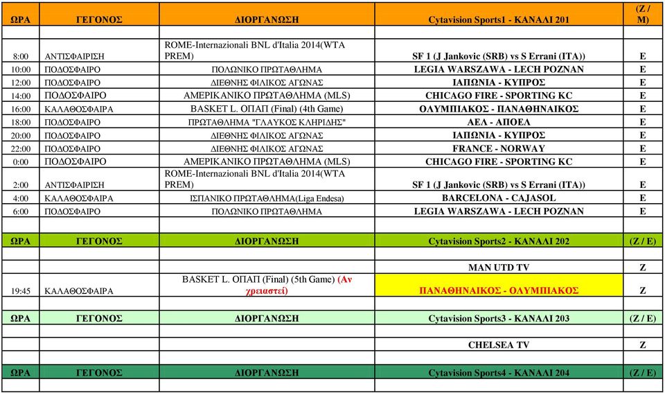 L. ΟΠΑΠ (Final) (4th Game) ΟΛΥΜΠΙΑΚΟΣ - ΠΑΝΑΘΗΝΑΙΚΟΣ E 18:00 ΠΟΔΟΣΦΑΙΡΟ ΠΡΩΤΑΘΛΗΜΑ "ΓΛΑΥΚΟΣ ΚΛΗΡΙΔΗΣ" ΑΕΛ - ΑΠΟΕΛ E 20:00 ΠΟΔΟΣΦΑΙΡΟ ΔΙΕΘΝΗΣ ΦΙΛΙΚΟΣ ΑΓΩΝΑΣ ΙΑΠΩΝΙΑ - ΚΥΠΡΟΣ E 22:00 ΠΟΔΟΣΦΑΙΡΟ ΔΙΕΘΝΗΣ