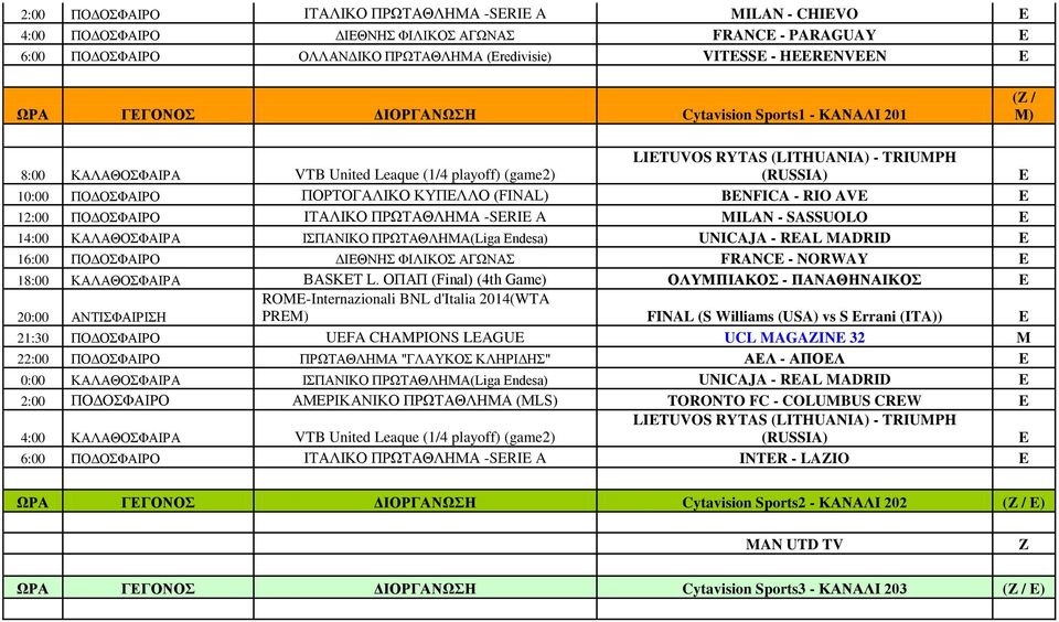 (FINAL) BENFICA - RIO AVE E 12:00 ΠΟΔΟΣΦΑΙΡΟ ΙΤΑΛΙΚΟ ΠΡΩΤΑΘΛΗΜΑ -SERIE A MILAN - SASSUOLO E 14:00 ΚΑΛΑΘΟΣΦΑΙΡΑ ΙΣΠΑΝΙΚΟ ΠΡΩΤΑΘΛΗΜΑ(Liga Endesa) UNICAJA - REAL MADRID E 16:00 ΠΟΔΟΣΦΑΙΡΟ ΔΙΕΘΝΗΣ
