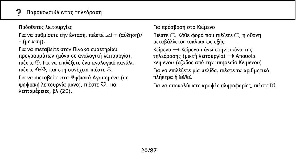 Για να mεταβείτε στα Ψηφιακά Αγαπημένα (σε ψηφιακή λειτουργία μόνο), πιέστε. Για λεπτομέρειες, βλ (29). Για πρόσβαση στο Κείμενο Πιέστε.