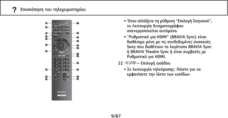 Ρυθμιστικό για HDMI (BRAVIA Sync) είναι διαθέσιμο μόνο με τις συνδεδεμένες συσκευές Sony που διαθέτουν