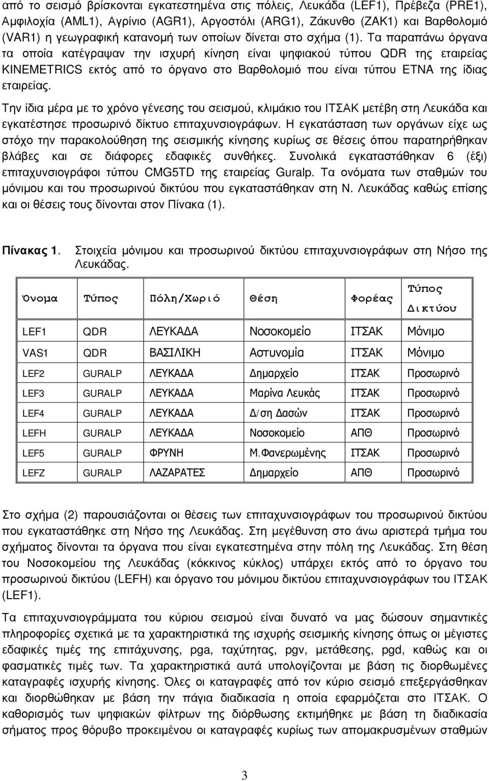 Τα παραπάνω όργανα τα οποία κατέγραψαν την ισχυρή κίνηση είναι ψηφιακού τύπου QDR της εταιρείας KINEMETRICS εκτός από το όργανο στο Βαρθολομιό που είναι τύπου ETNA της ίδιας εταιρείας.