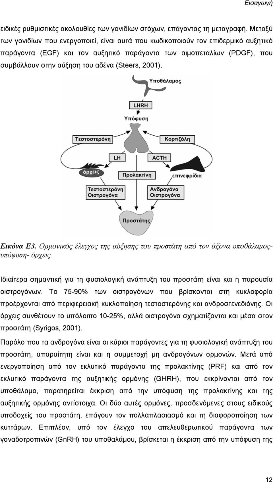 (Steers, 2001). Εικόνα Ε3. Ορμονικός έλεγχος της αύξησης του προστάτη από τον άξονα υποθάλαμοςυπόφυση- όρχεις.