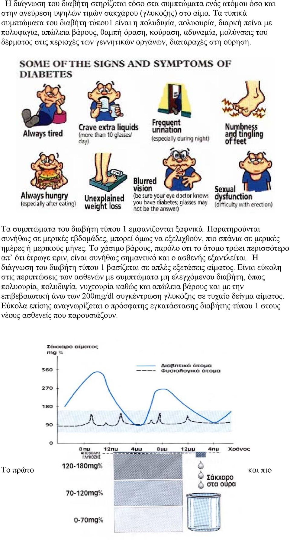 οργάνων, διαταραχές στη ούρηση. Τα συµπτώµατα του διαβήτη τύπου 1 εµφανίζονται ξαφνικά.