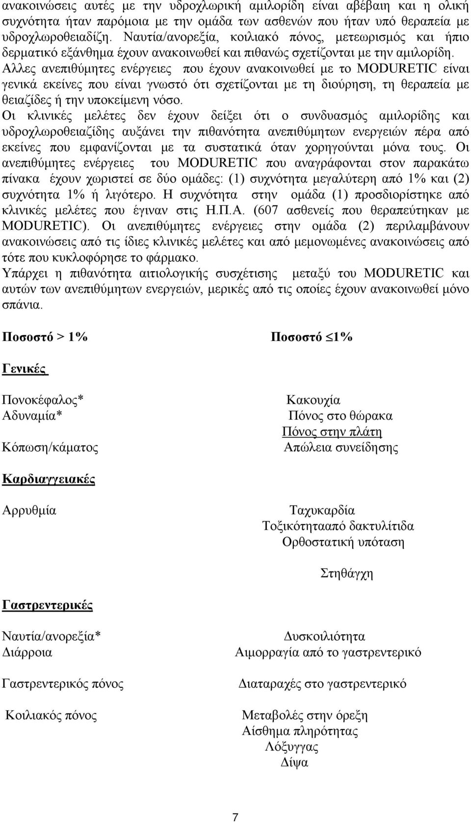 Αλλες ανεπιθύμητες ενέργειες που έχουν ανακοινωθεί με το MODURETIC είναι γενικά εκείνες που είναι γνωστό ότι σχετίζονται με τη διούρηση, τη θεραπεία με θειαζίδες ή την υποκείμενη νόσο.