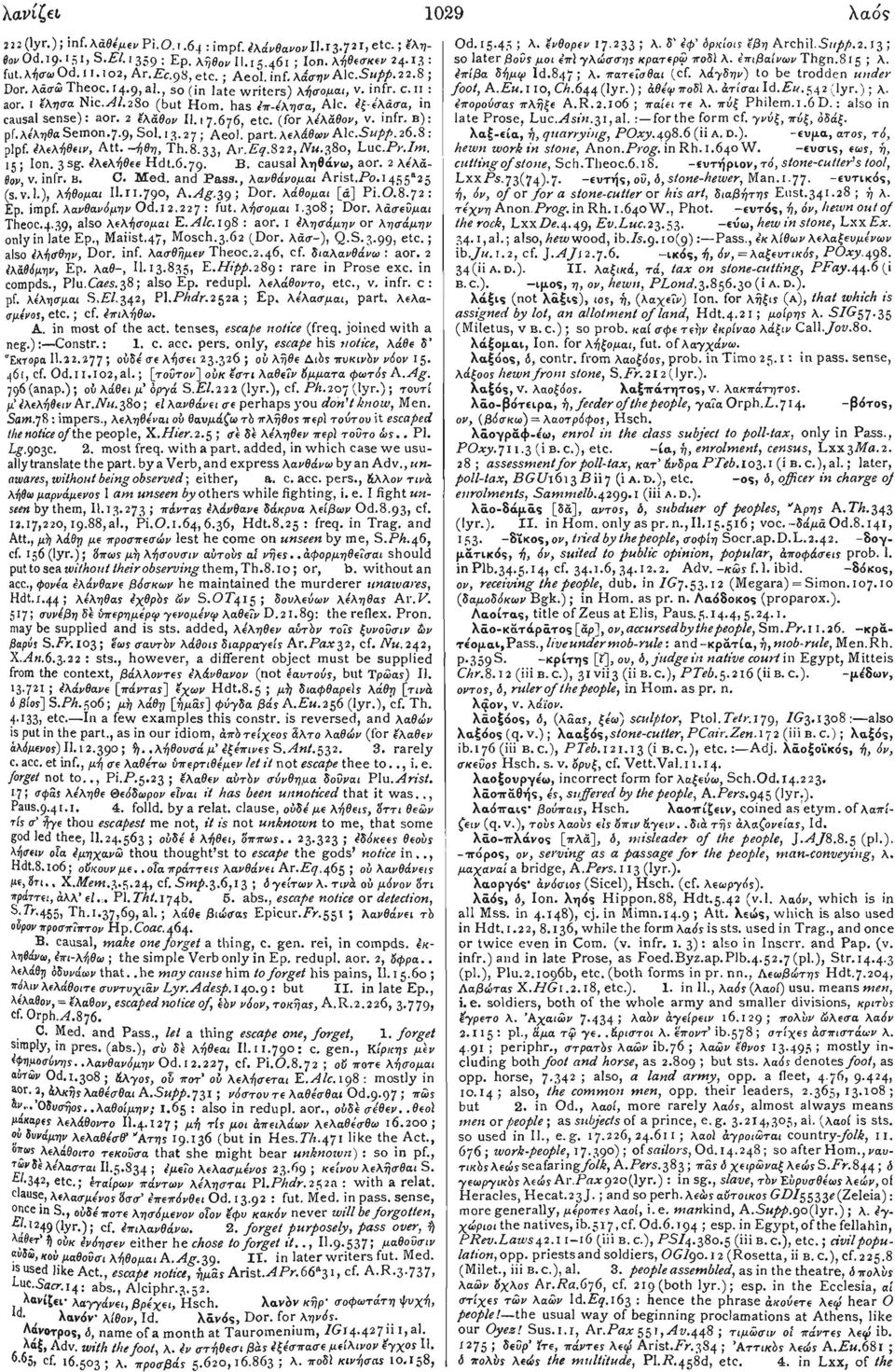 2 έλάθον II.!7.676, etc. (for λέλάθον, v. infr. B): pf. λέληθα Semon.7.9, Sol. 13.27; Aeol. part, λελέθων Ale.Supp. 26.8 : plpf. έλελήθειν, Att. -ήθη, Th.8.33, Av.Eq.822, Nu.380, Luc.Pr.Im. 15 ; Ion.