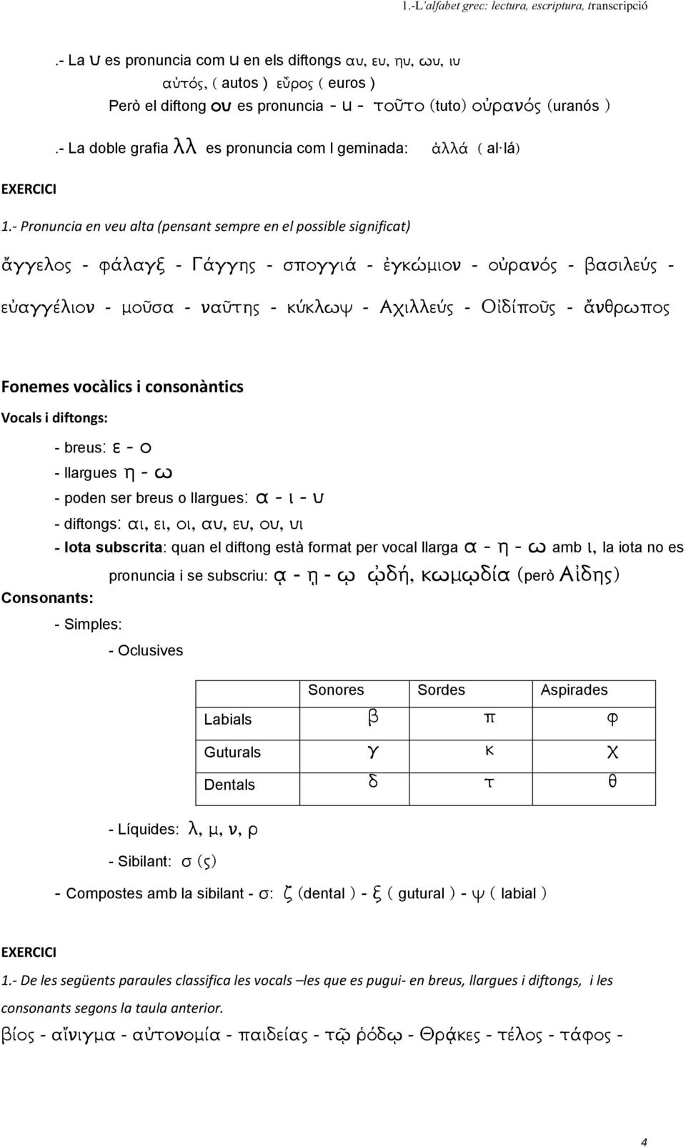 Iota subscrita: quan el diftong està format per vocal llarga amb la iota no es pronuncia i se subscriu: - - però - Simples: - Oclusives - Líquides: - Sibilant: Sonores Sordes Aspirades Labials
