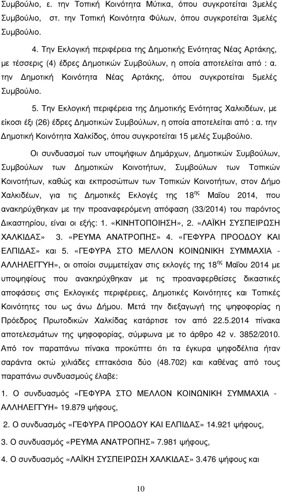 την ηµοτική Κοινότητα Νέας Αρτάκης, όπου συγκροτείται 5µελές Συµβούλιο. 5. Την Εκλογική περιφέρεια της ηµοτικής Ενότητας Χαλκιδέων, µε είκοσι έξι (26) έδρες ηµοτικών Συµβούλων, η οποία αποτελείται από : α.