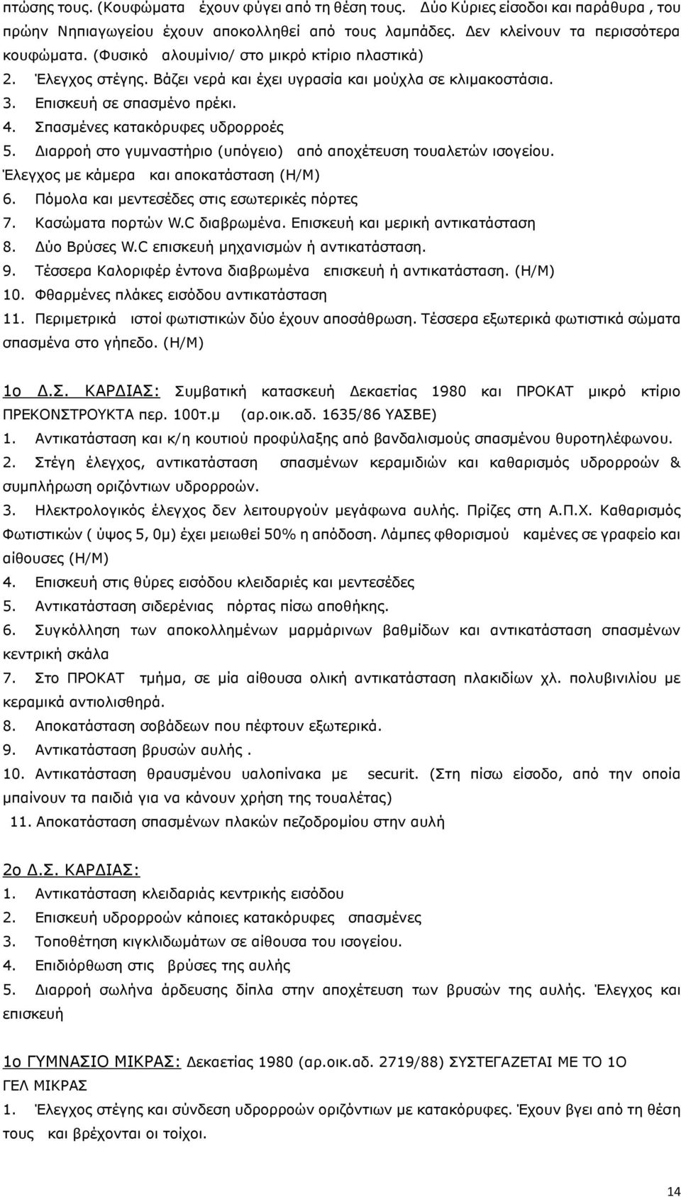 Διαρροή στο γυμναστήριο (υπόγειο) από αποχέτευση τουαλετών ισογείου. Έλεγχος με κάμερα και αποκατάσταση (Η/Μ) 6. Πόμολα και μεντεσέδες στις εσωτερικές πόρτες 7. Κασώματα πορτών W.C διαβρωμένα.