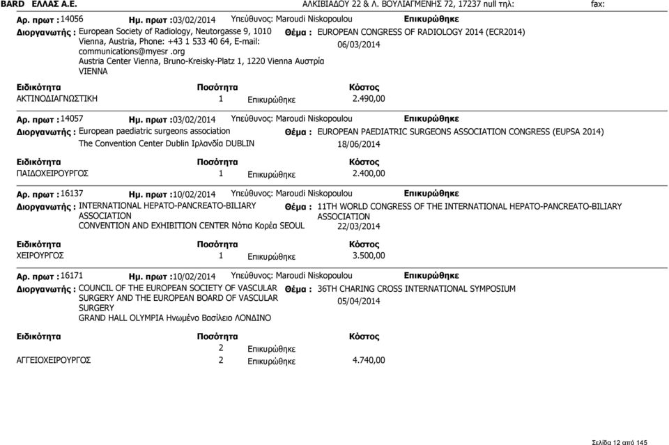 40 64, E-mail: communications@myesr.org 06/03/2014 Austria Center Vienna, Bruno-Kreisky-Platz 1, 1220 Vienna Αυστρία VIENNA ΑΚΤΙΝΟΔΙΑΓΝΩΣΤΙΚΗ 1 2.490,00 Αρ. πρωτ : 14057 Ημ.