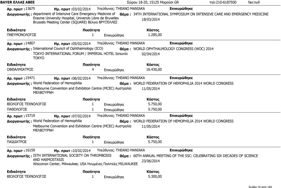 University Hospital, Universitι Libre de Bruxelles Brussels Meeting Center (SQUARE) Βέλγιο ΒΡΥΞΈΛΛΕΣ 18/03/2014 ΠΝΕΥΜΟΝΟΛΟΓΟΣ 1 1.285,00 Αρ. πρωτ : 14807 Ημ.