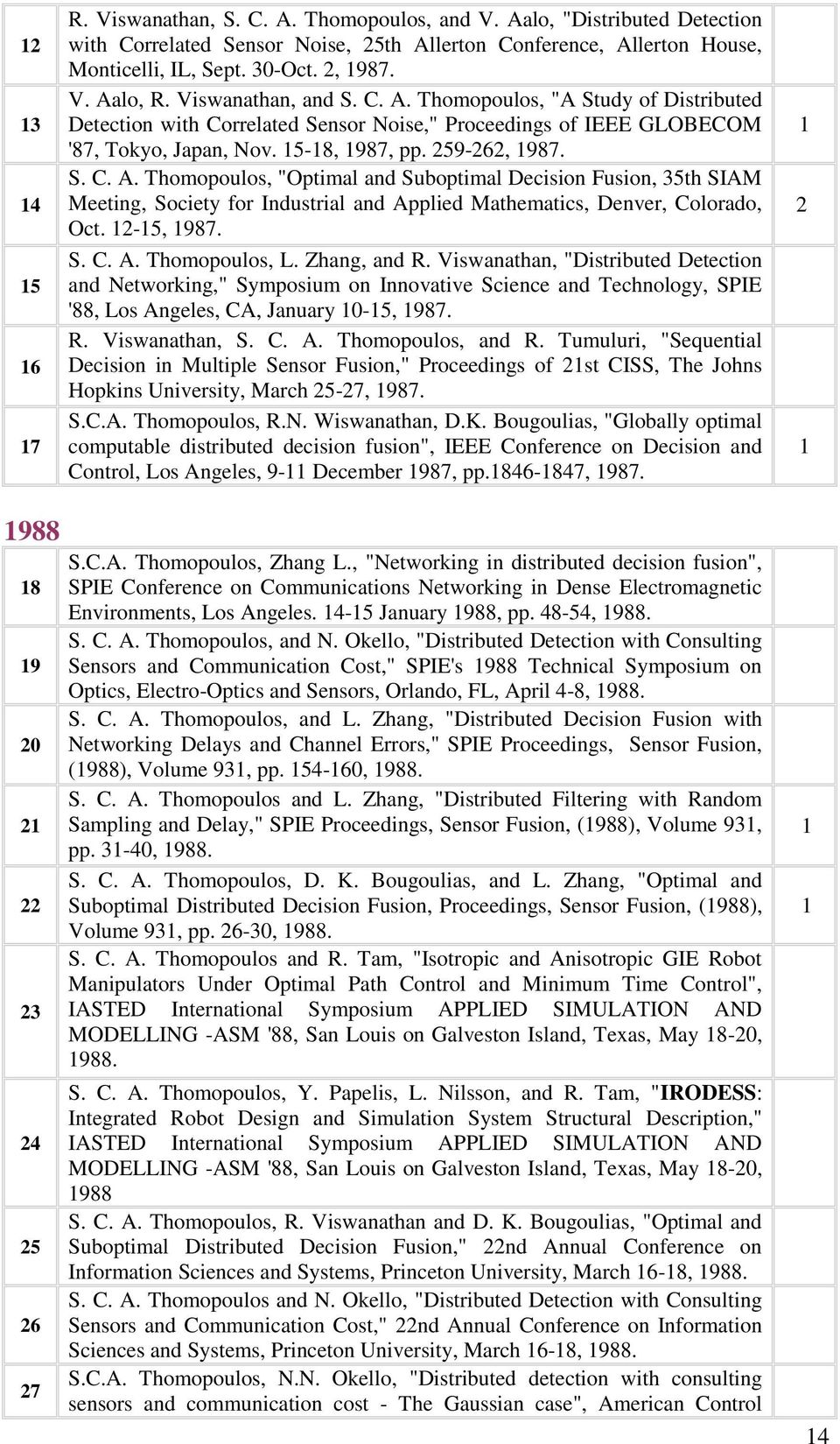 -5, 987. S. C. A. Thomopoulos, L. Zhang, and R. Viswanathan, "Distributed Detection and Networking," Symposium on Innovative Science and Technology, SPIE '88, Los Angeles, CA, January 0-5, 987. R. Viswanathan, S.