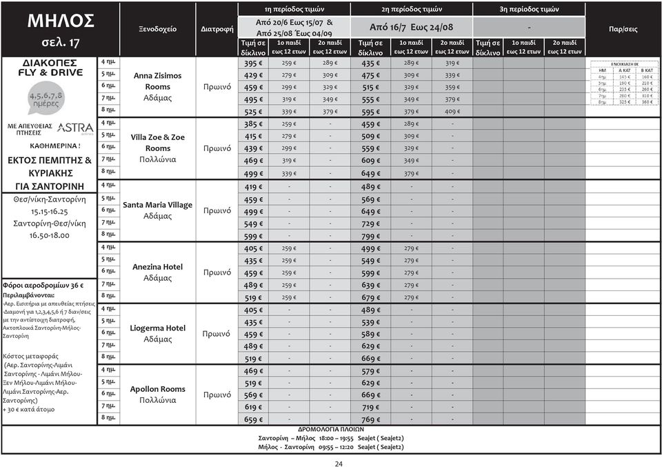Rooms Πρωινό 439 2 559 329 EKTOΣ ΠΕΜΠΤΗΣ & 7 ημ. Πολλώνια 469 319 609 349 ΚΥΡΙΑΚΗΣ 4 339 649 379 ΓΙΑ ΣΑΝΤΟΡΙΝΗ 4 ημ. 419 489 Θεσ/νίκηΣαντορίνη 459 569 Santa Maria Village 15.1516.25 6 ημ.