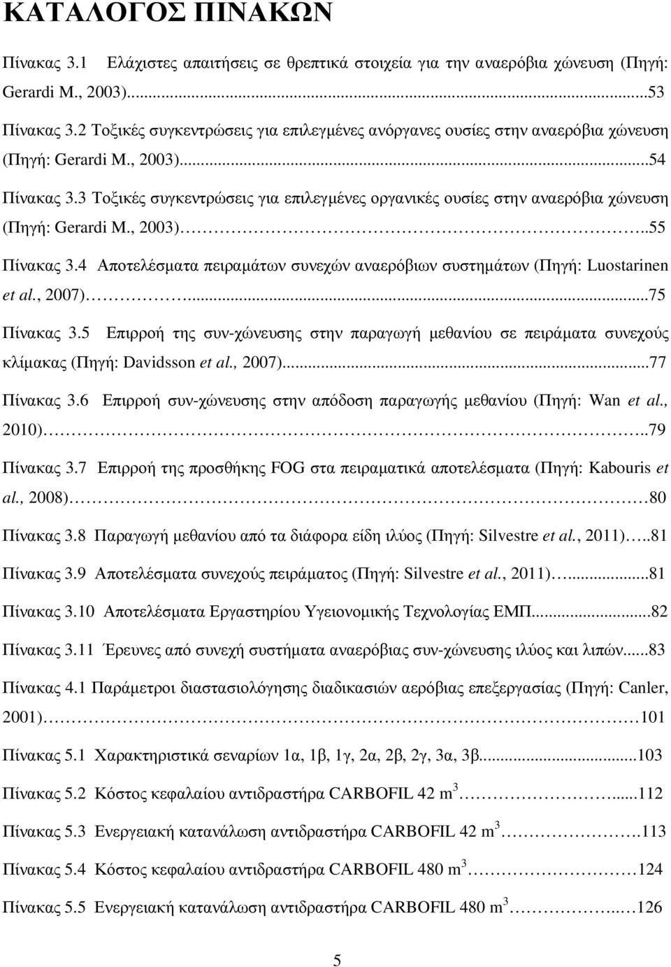 3 Τοξικές συγκεντρώσεις για επιλεγµένες οργανικές ουσίες στην αναερόβια χώνευση (Πηγή: Gerardi M., 2003)..55 Πίνακας 3.4 Αποτελέσµατα πειραµάτων συνεχών αναερόβιων συστηµάτων (Πηγή: Luostarinen et al.