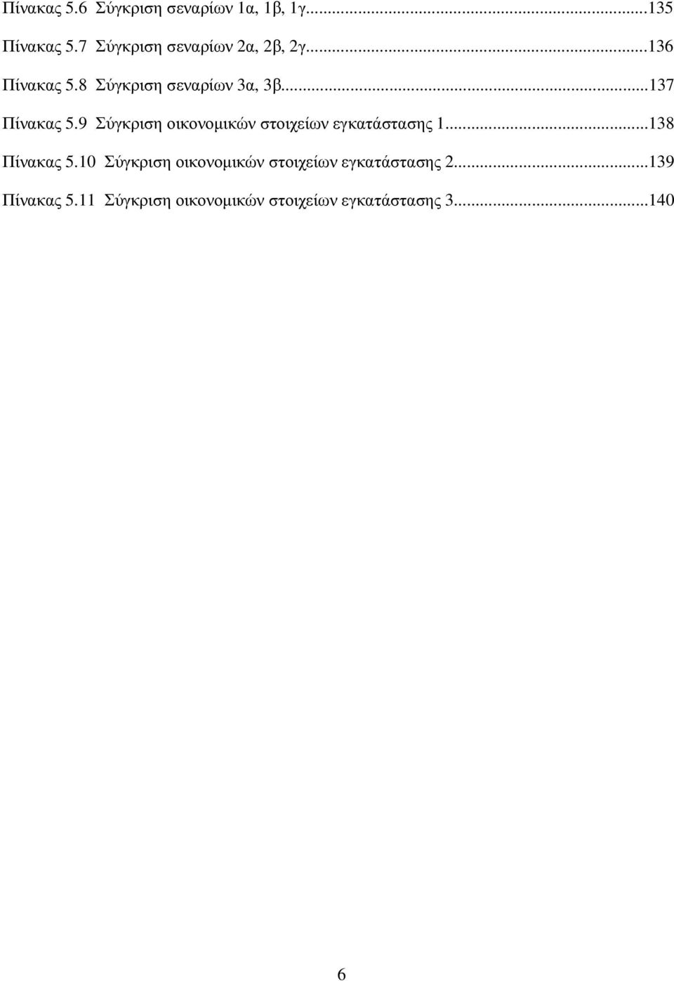 ..137 Πίνακας 5.9 Σύγκριση οικονοµικών στοιχείων εγκατάστασης 1...138 Πίνακας 5.