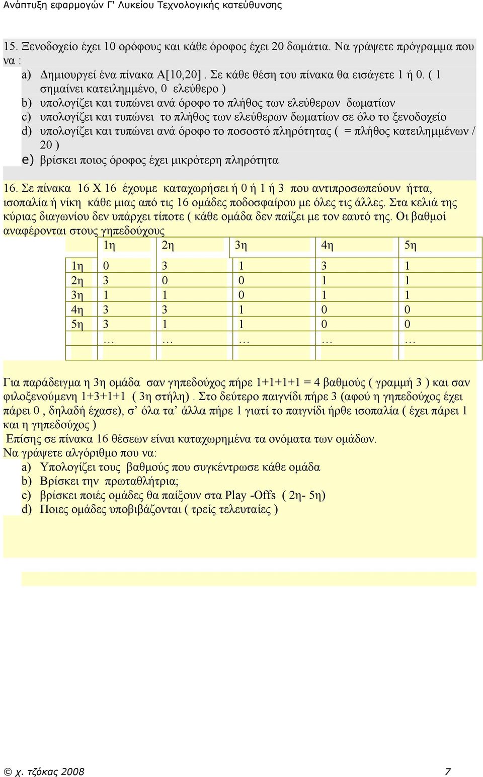 ( 1 σημαίνει κατειλημμένο, 0 ελεύθερο ) b) υπολογίζει και τυπώνει ανά όροφο το πλήθος των ελεύθερων δωματίων c) υπολογίζει και τυπώνει το πλήθος των ελεύθερων δωματίων σε όλο το ξενοδοχείο d)