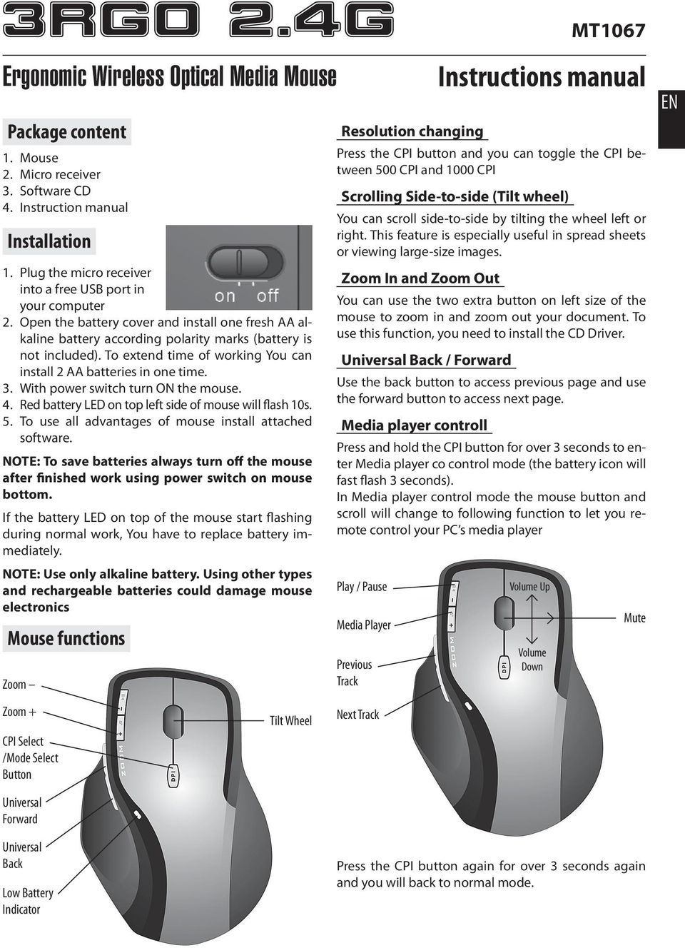 With power switch turn ON the mouse. 4. Red battery LED on top left side of mouse will flash 10s. 5. To use all advantages of mouse install attached software.