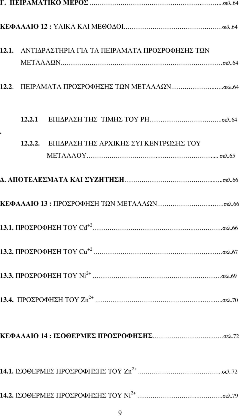 .σελ.66 13.2. ΠΡΟΣΡΟΦΗΣΗ ΤΟΥ Cu +2. σελ.67 13.3. ΠΡΟΣΡΟΦΗΣΗ ΤΟΥ Νi 2+. σελ.69 13.4. ΠΡΟΣΡΟΦΗΣΗ ΤΟΥ Zn 2+....σελ.70 ΚΕΦΑΛΑΙΟ 14 : ΙΣΟΘΕΡΜΕΣ ΠΡΟΣΡΟΦΗΣΗΣ. σελ.72 14.1. ΙΣΟΘΕΡΜΕΣ ΠΡΟΣΡΟΦΗΣΗΣ ΤΟΥ Zn 2+.