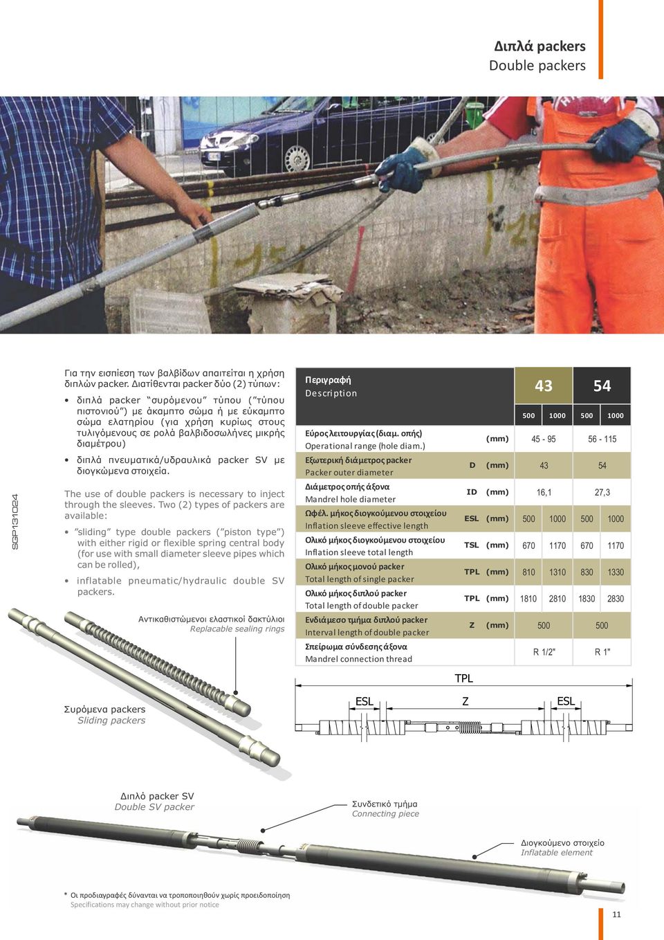 διαμέτρου) διπλά πνευματικά/ υδραυλικά packer SV με διογκώμενα στοιχεία. The use of double packers is necessary to inject through the sleeves.