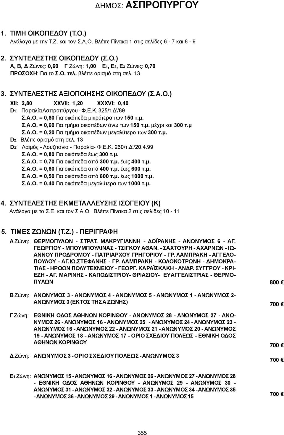 13 D3: Λαιμός - Λουζιτάνια - Παραλία- Φ.Ε.Κ. 260/τ.Δ'/20.4.99 Σ.Α.Ο. = 0,80 Για οικόπεδα έως 300 τ.μ. Σ.Α.Ο. = 0,70 Για οικόπεδα από 300 τ.μ. έως 400 τ.μ. Σ.Α.Ο. = 0,60 Για οικόπεδα από 400 τ.μ. έως 600 τ.