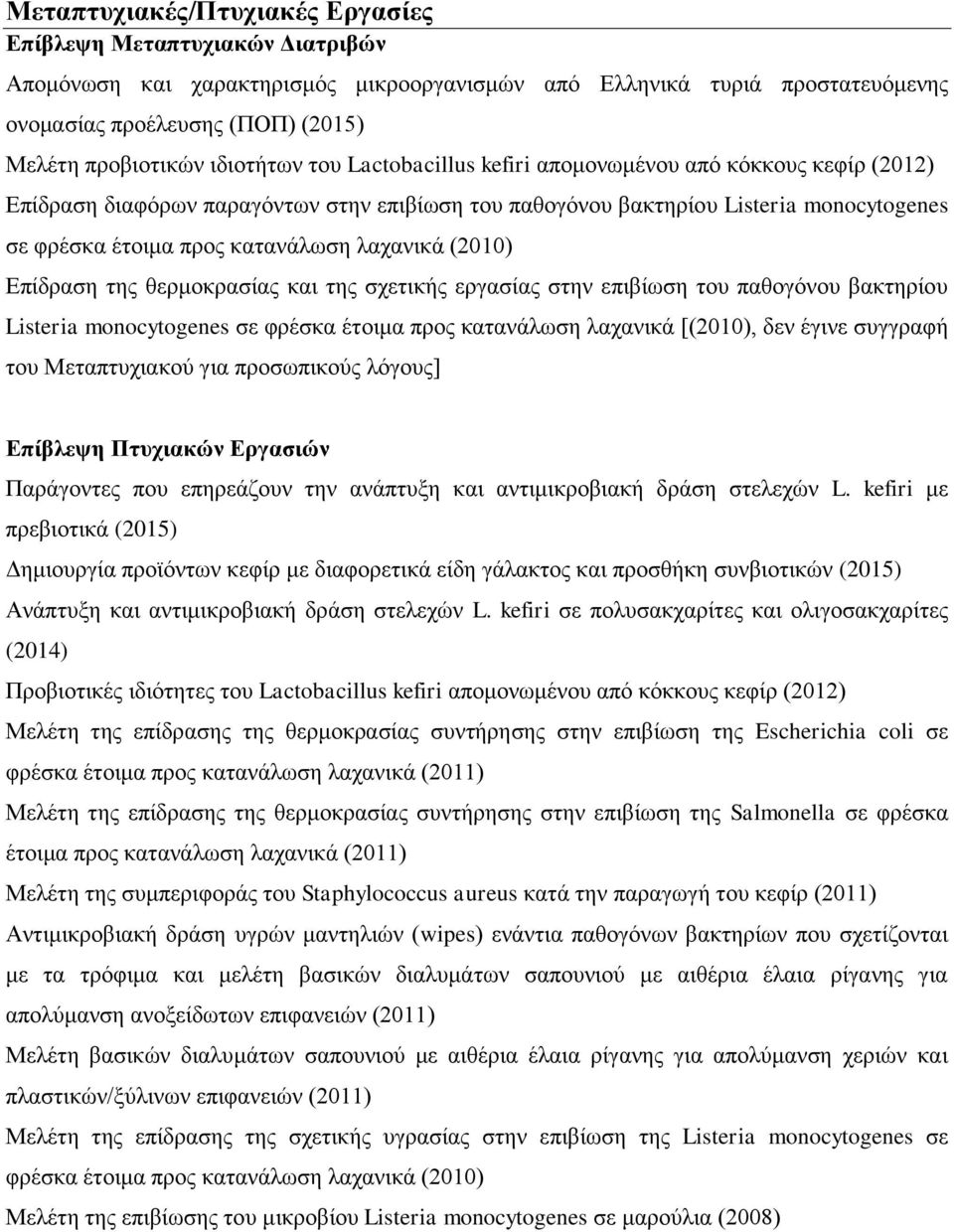 λαχανικά (2010) Επίδραση της θερμοκρασίας και της σχετικής εργασίας στην επιβίωση του παθογόνου βακτηρίου Listeria monocytogenes σε φρέσκα έτοιμα προς κατανάλωση λαχανικά [(2010), δεν έγινε συγγραφή