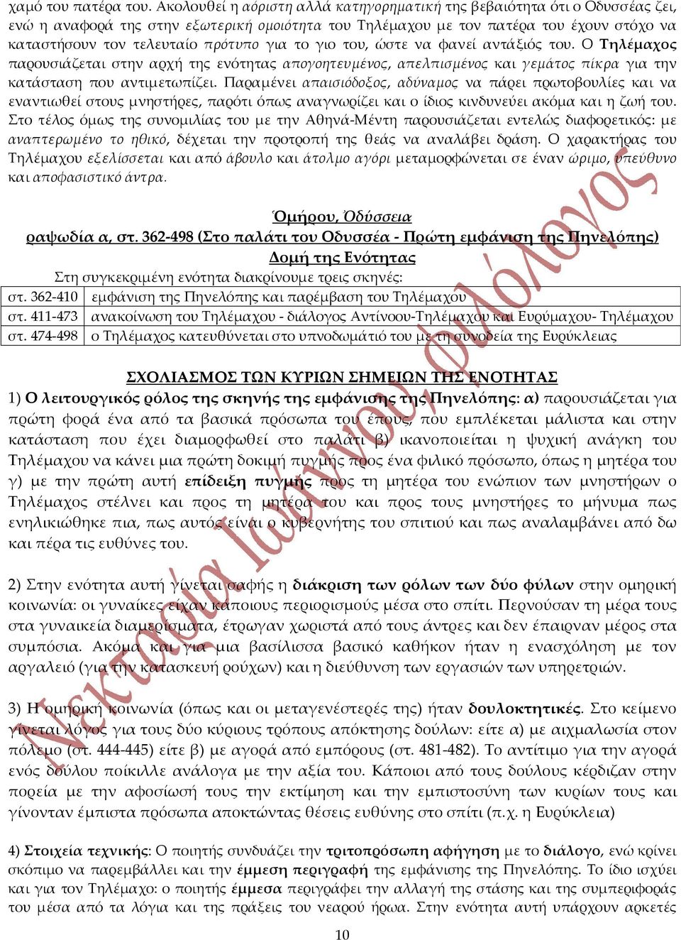 για το γιο του, ώστε να φανεί αντάξιός του. Ο Τηλέμαχος παρουσιάζεται στην αρχή της ενότητας απογοητευμένος, απελπισμένος και γεμάτος πίκρα για την κατάσταση που αντιμετωπίζει.