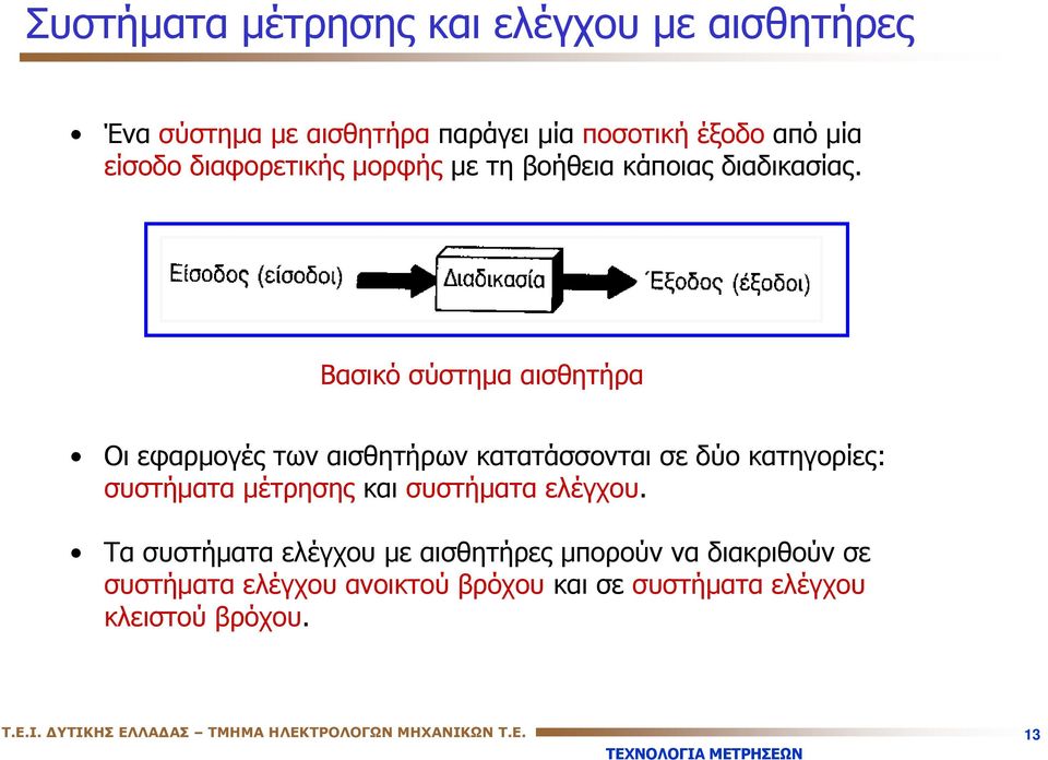 Βασικό σύστημα αισθητήρα Οι εφαρμογές των αισθητήρων κατατάσσονται σε δύο κατηγορίες: συστήματα μέτρησης και συστήματα