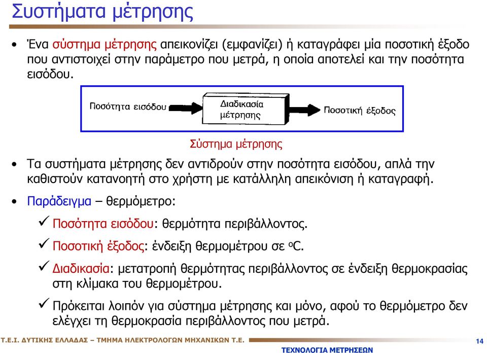 Παράδειγμα θερμόμετρο: Σύστημα μέτρησης Ποσότητα εισόδου: θερμότητα περιβάλλοντος. Ποσοτική έξοδος: ένδειξη θερμομέτρου σε ο C.