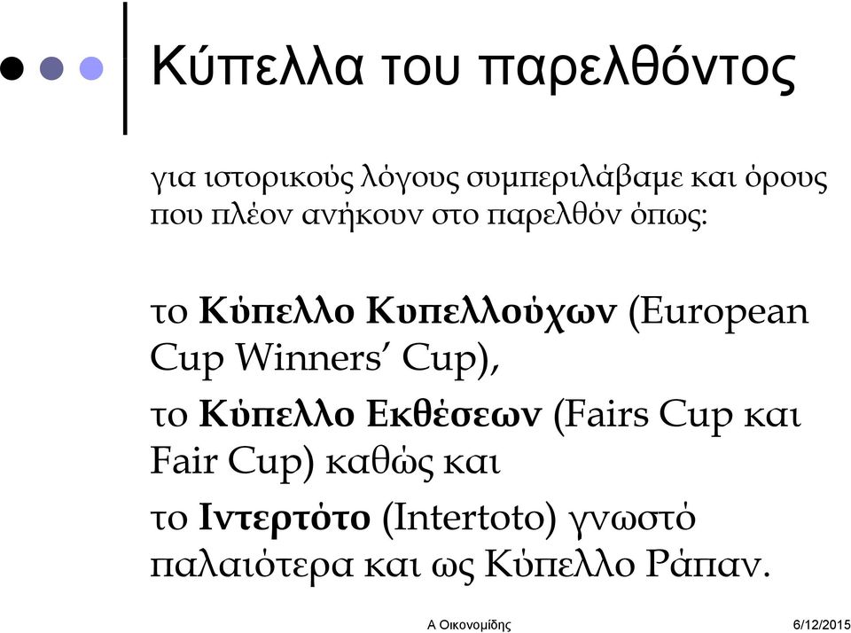 Cup Winners Cup), το Κύπελλο Εκθέσεων (Fairs Cup και Fair Cup) καθώς